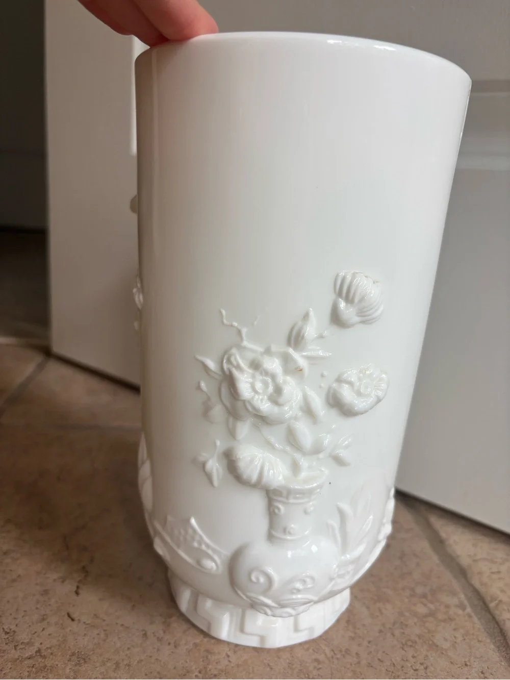 Vintage Fenton Asian Empress Milk Glass White Relief Decorative Vase Yang